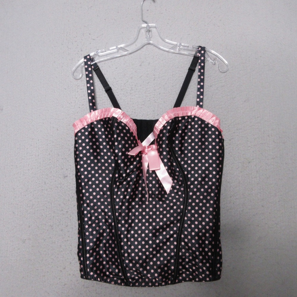 Cacique Corset Top Bustier 22/24 Polka Dot Pink Black Ruffle Bow Pinup Lingerie